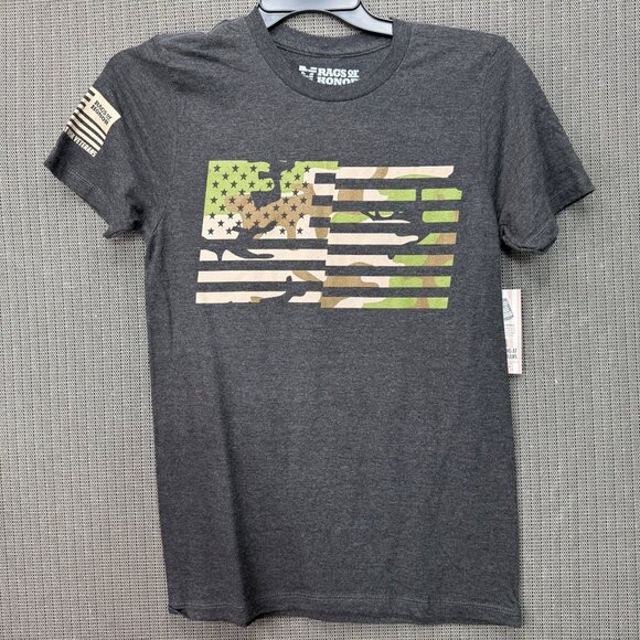Rags Of Honor Size S Charcoal Gray T-Shirt With Camo American Flag Design - Picture 1 of 6